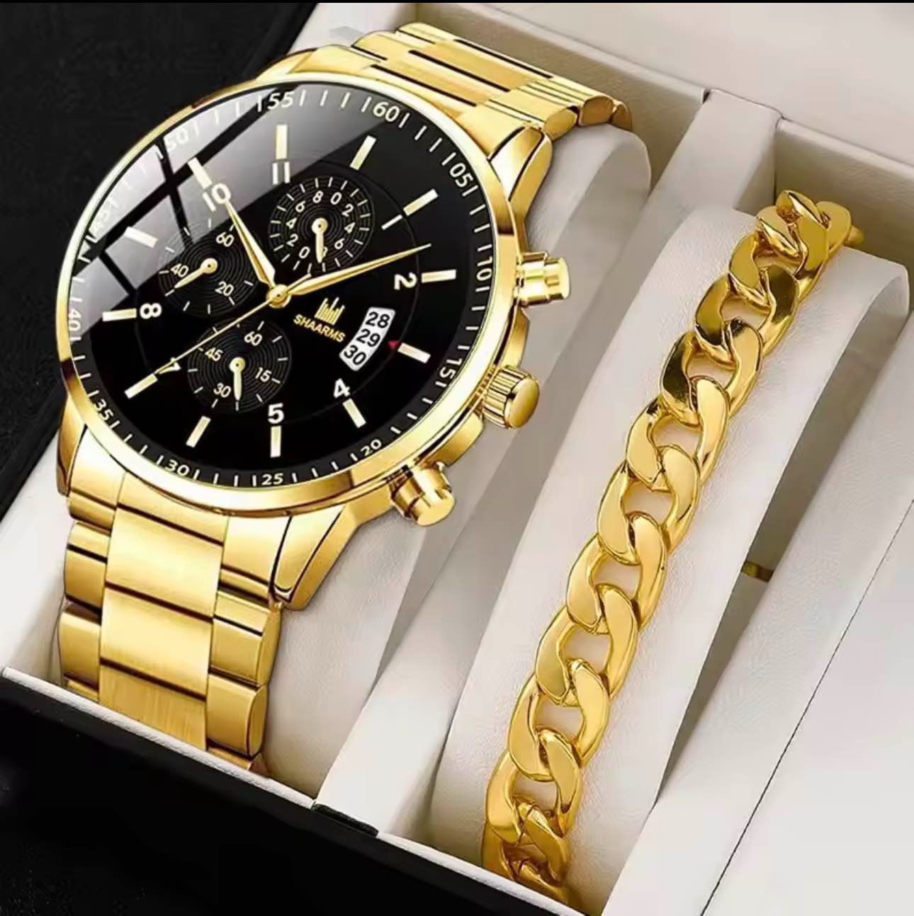 2pcs Luxury Mens Silver gold and black Quartz Watch With Stainless Steel Bracelet