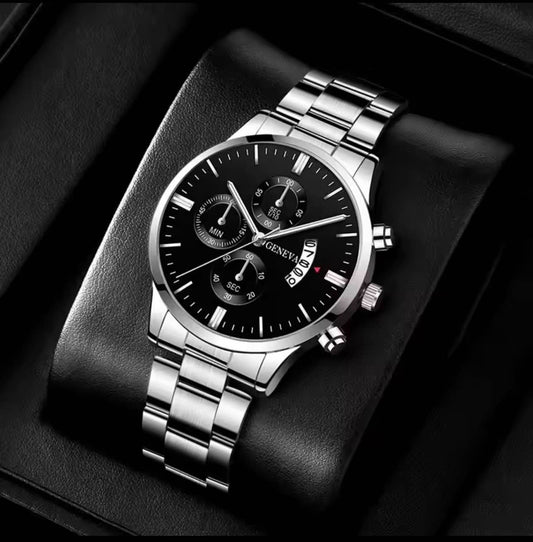 2pcs Luxury Mens Silver gold and black Quartz Watch With Stainless Steel Bracelet